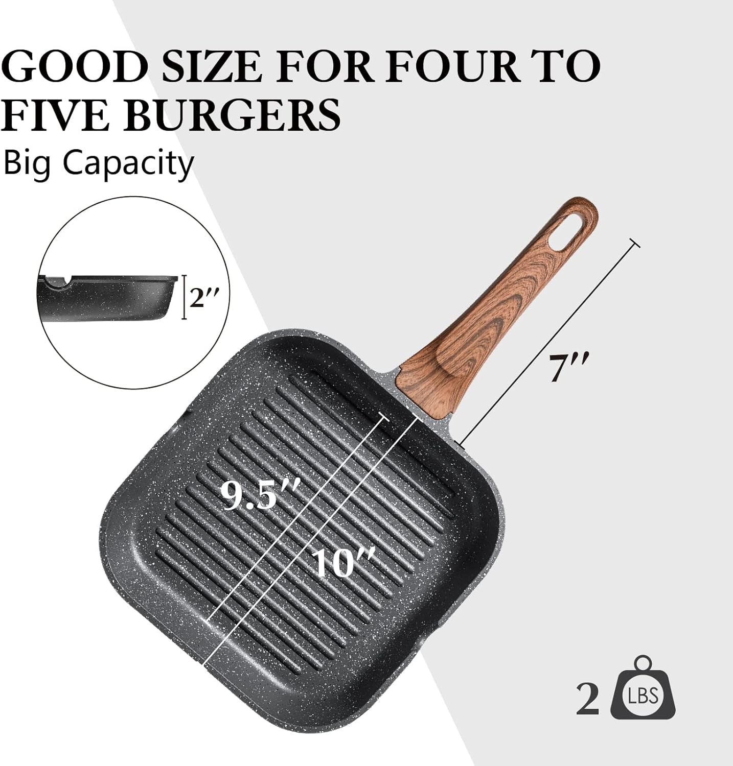 Nonstick Grill Pan for Stove Tops, Versatile Griddle with Pour Spouts, Square Big Cooking Surface, Durable Skillet Indoor & Outdoor Grilling. PFOA Free, 9.5 Inch