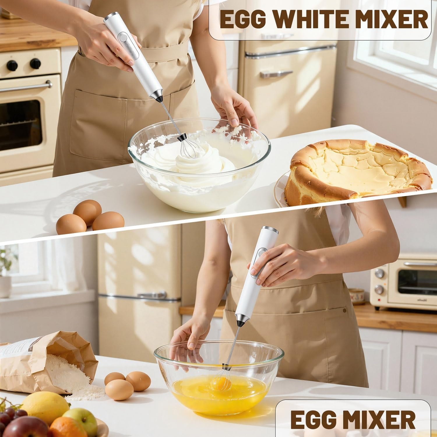 Milk Frother Handheld Rechargeable 2000Mah Power Frother Wand Electric Foam Maker with 2 Stainless Whisks 3 Speeds Drink Mixer Coffee Frother for Latte, Cappuccino, Matcha, Hot Chocolate, Egg