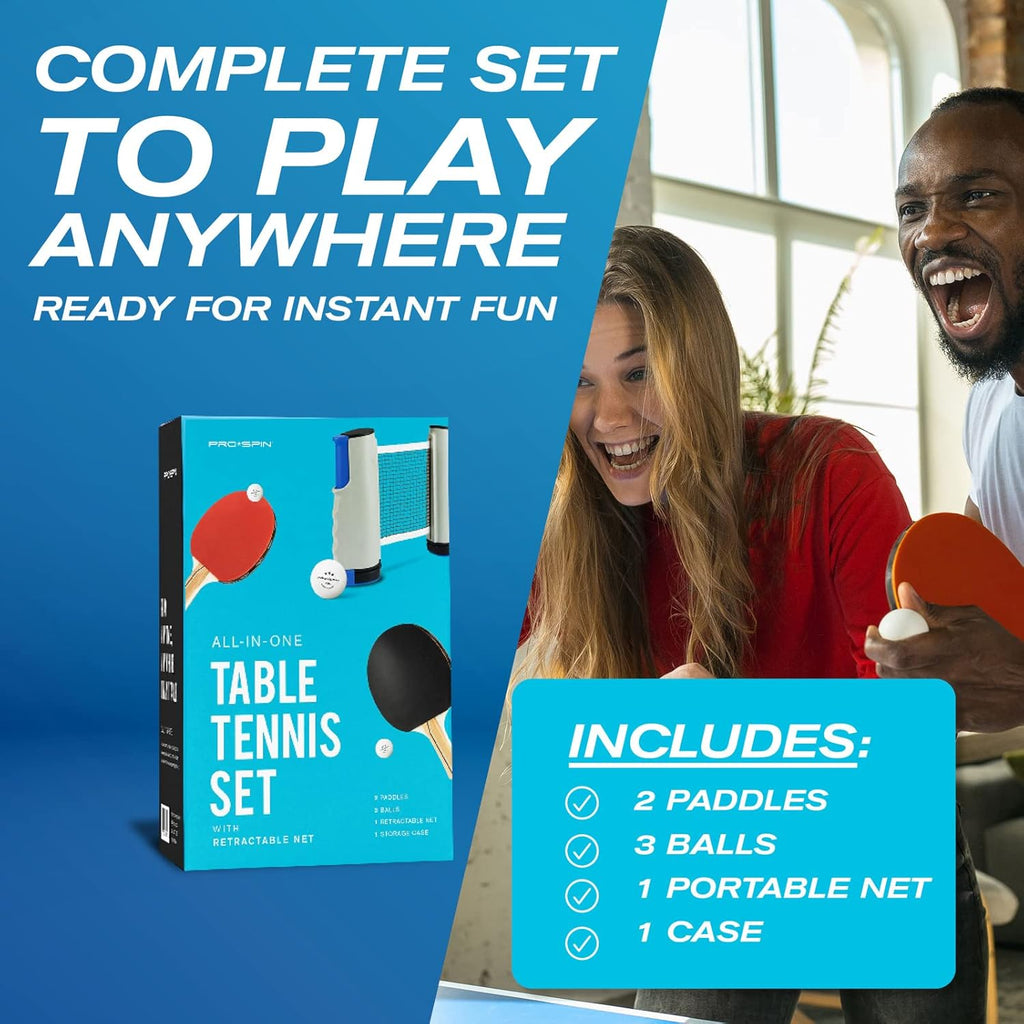 Portable Ping Pong Set with Retractable Ping Pong Net for Any Table, All-In-One Table Tennis Set with Ping Pong Paddles, Balls & Case, Table Top Family Game