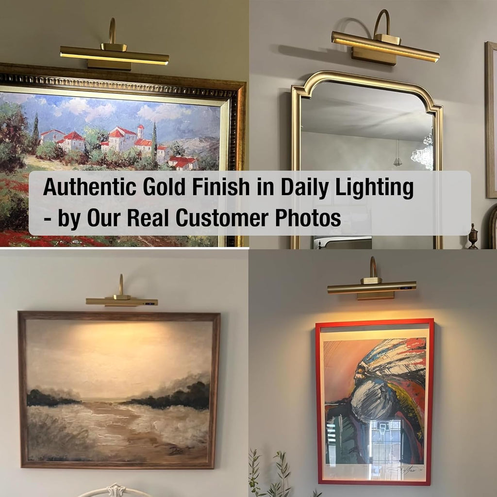 Dimmable Cordless Picture Light with Controller and Timer, Rechargeable 5000Mah Battery Wall Sconce for Wall Pictures, Gallery Artwork, Paintings, Portraits, Dartboards (Gold)