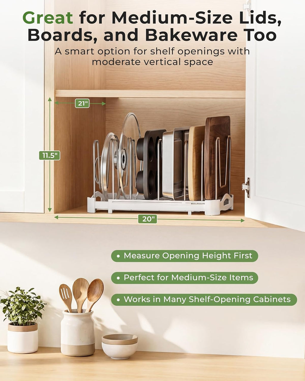 Adjustable Bakeware Organizer Pot Lid Holder Rack for Pots, Cake Molds, Cutting Boards, Mats, Cookware, GS02SS, 7.7'' Deep by 12.6'' to 21.5'' Wide