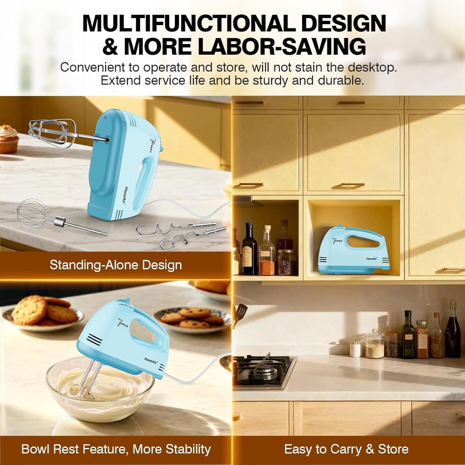 Electric Handheld Mixer, 7-Speed Adjustable Kitchen Mixer, 5 Stainless Steel Accessories (2 * Dough Hooks, 2 * Beaters, 1 * Whisk), Perfect for Kitchen and Baking Food Mixers, Blue