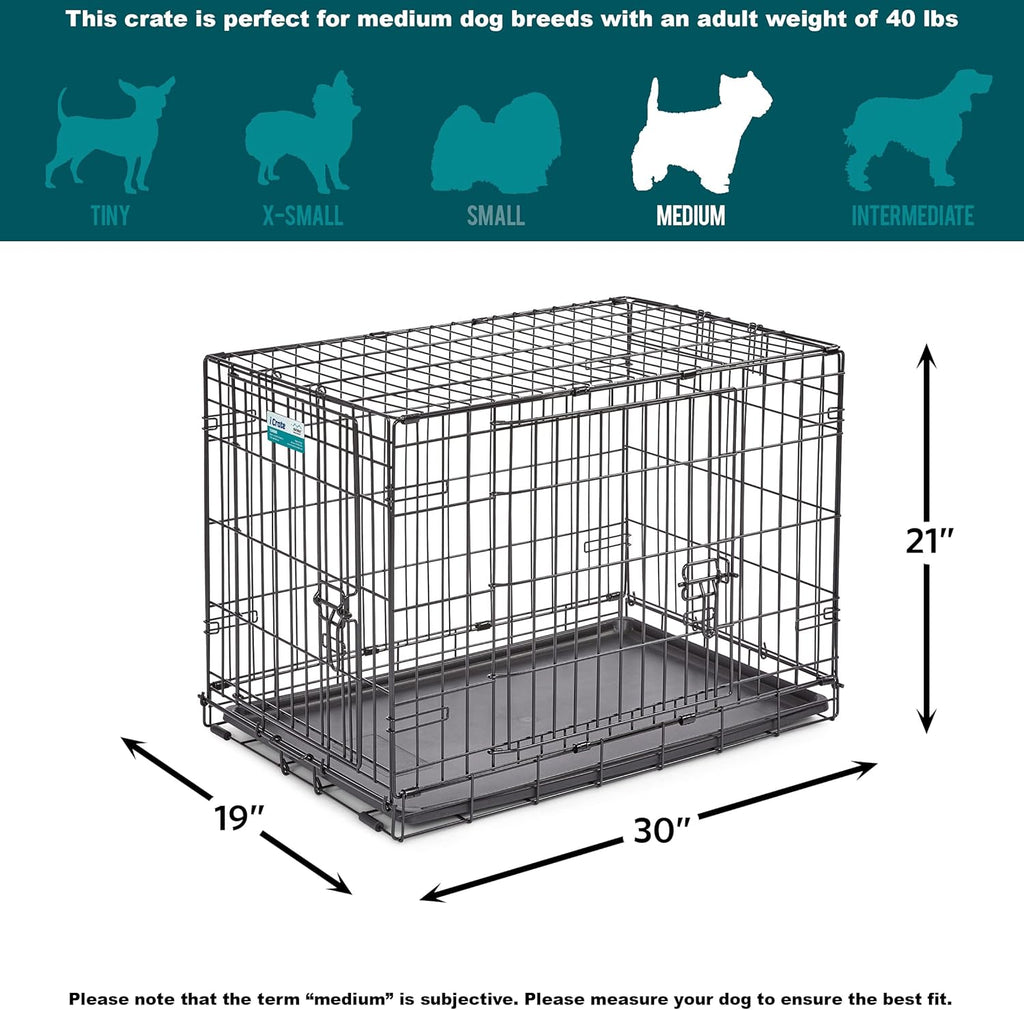 30-Inch Icrate for Medium Breeds, 21-40 Lbs, Single Door Folding Dog Crate with Divider Panel, Leak-Proof Tray & Secure Latch, Portable, Durable & Easy to Assemble