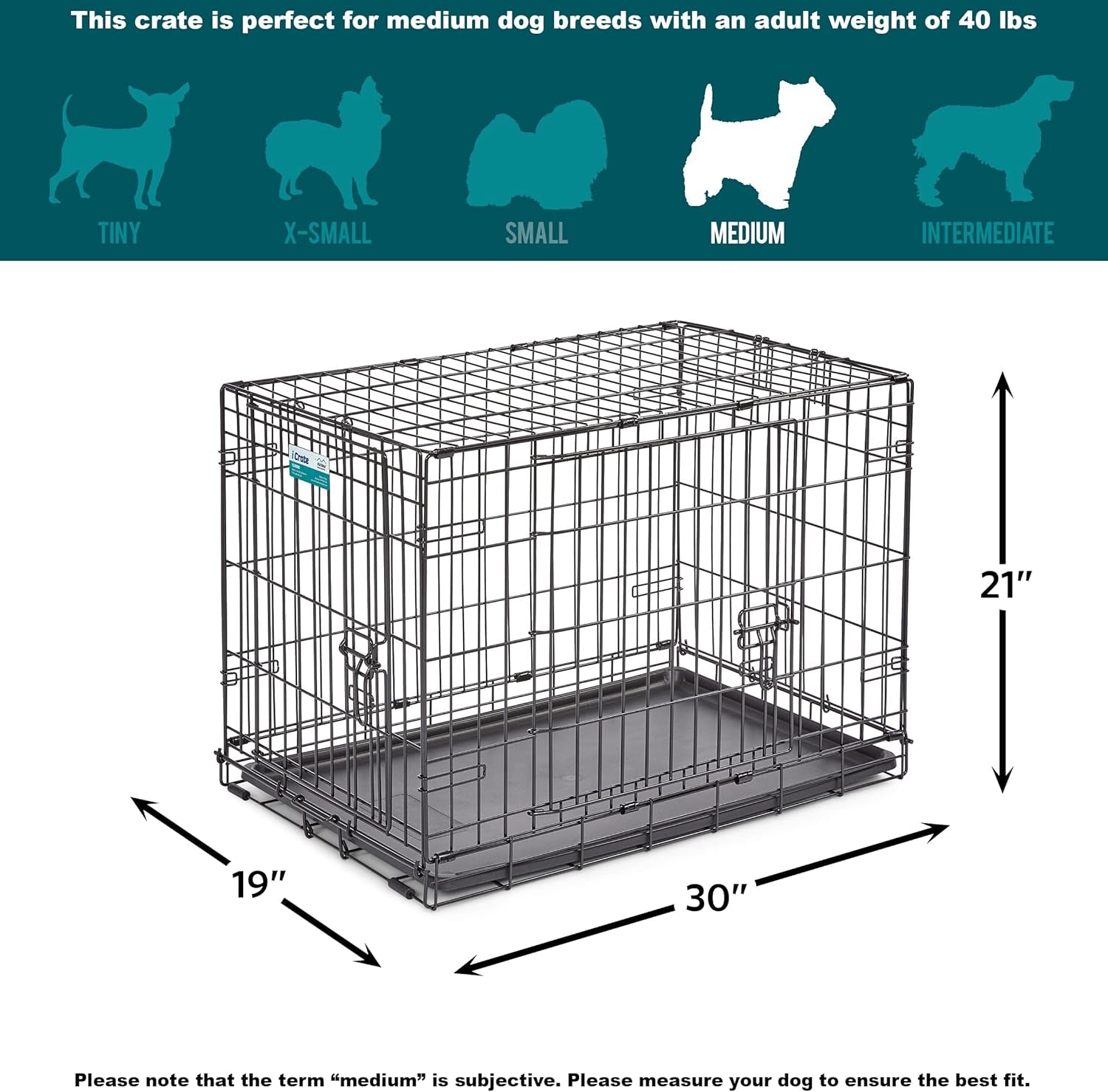 30-Inch Icrate for Medium Breeds, 21-40 Lbs, Single Door Folding Dog Crate with Divider Panel, Leak-Proof Tray & Secure Latch, Portable, Durable & Easy to Assemble
