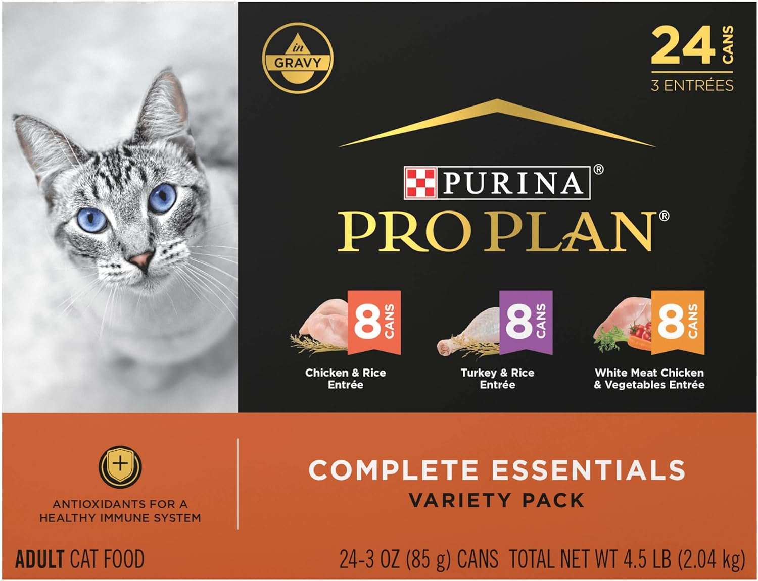 Purina Pro Plan Gravy, High Protein Wet Cat Food Variety Pack, Complete Essentials Chicken and Turkey Favorites - (Pack of 24) 3 Oz. Cans