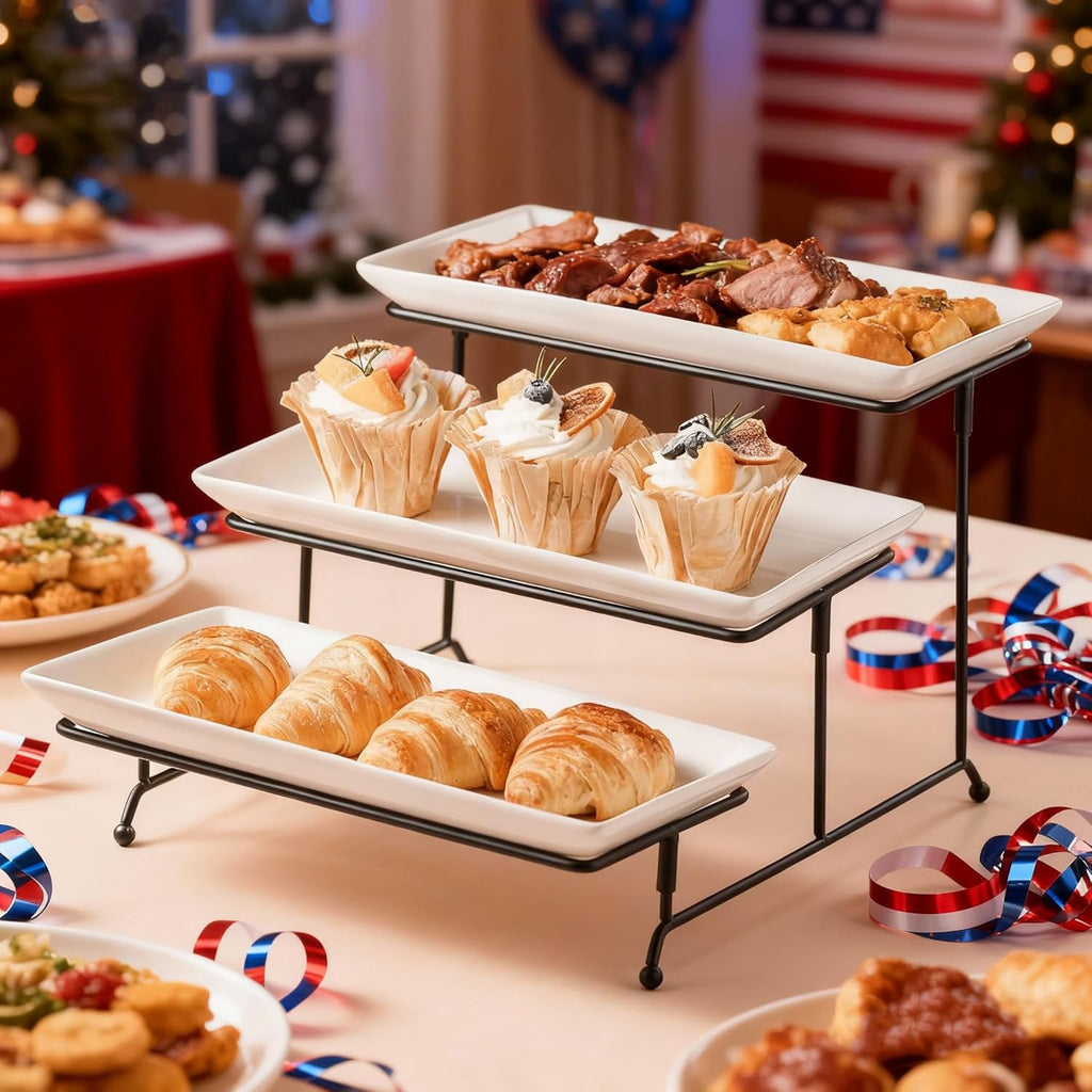 3 Tier Serving Trays Stand Porcelain Serving Platters 12 Inch White Serving Plates Dinner Platters for Appetizer Snack Fruit Cup Cake Tray Display Serving Dishes for Entertaining