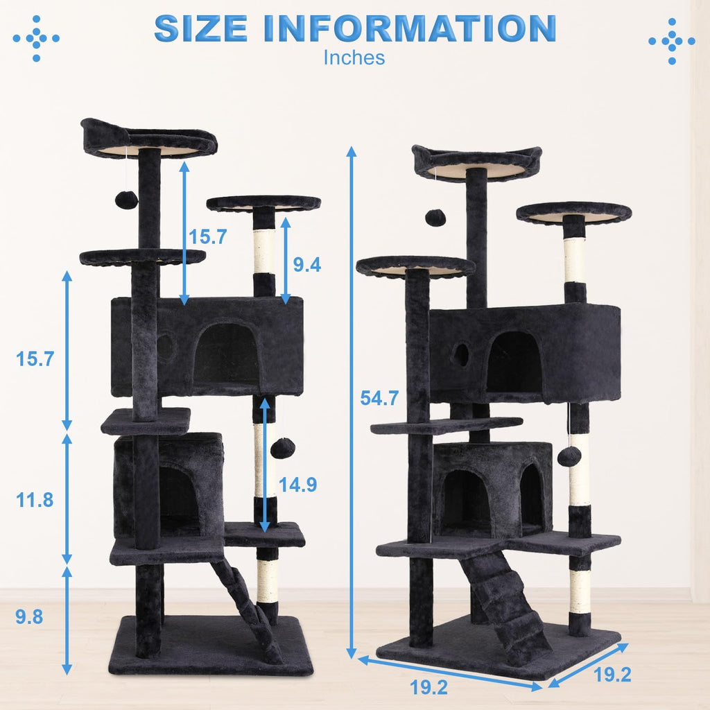 | 54" Cat Tree Tower | Dark Gray | Multi-Level Indoor Activity Center with Sisal Scratching Posts, Condos, Plush Perches, Hanging Cat Toys | Sturdy, Easy to Assemble | for Kittens & Adult Cats