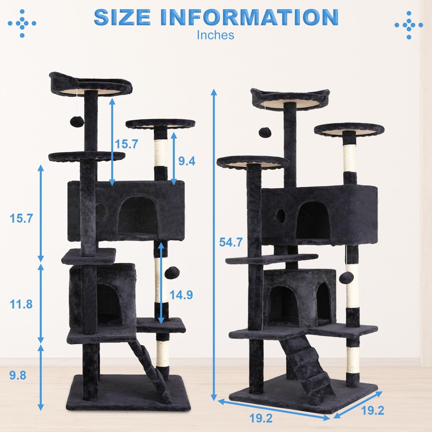 | 54" Cat Tree Tower | Dark Gray | Multi-Level Indoor Activity Center with Sisal Scratching Posts, Condos, Plush Perches, Hanging Cat Toys | Sturdy, Easy to Assemble | for Kittens & Adult Cats