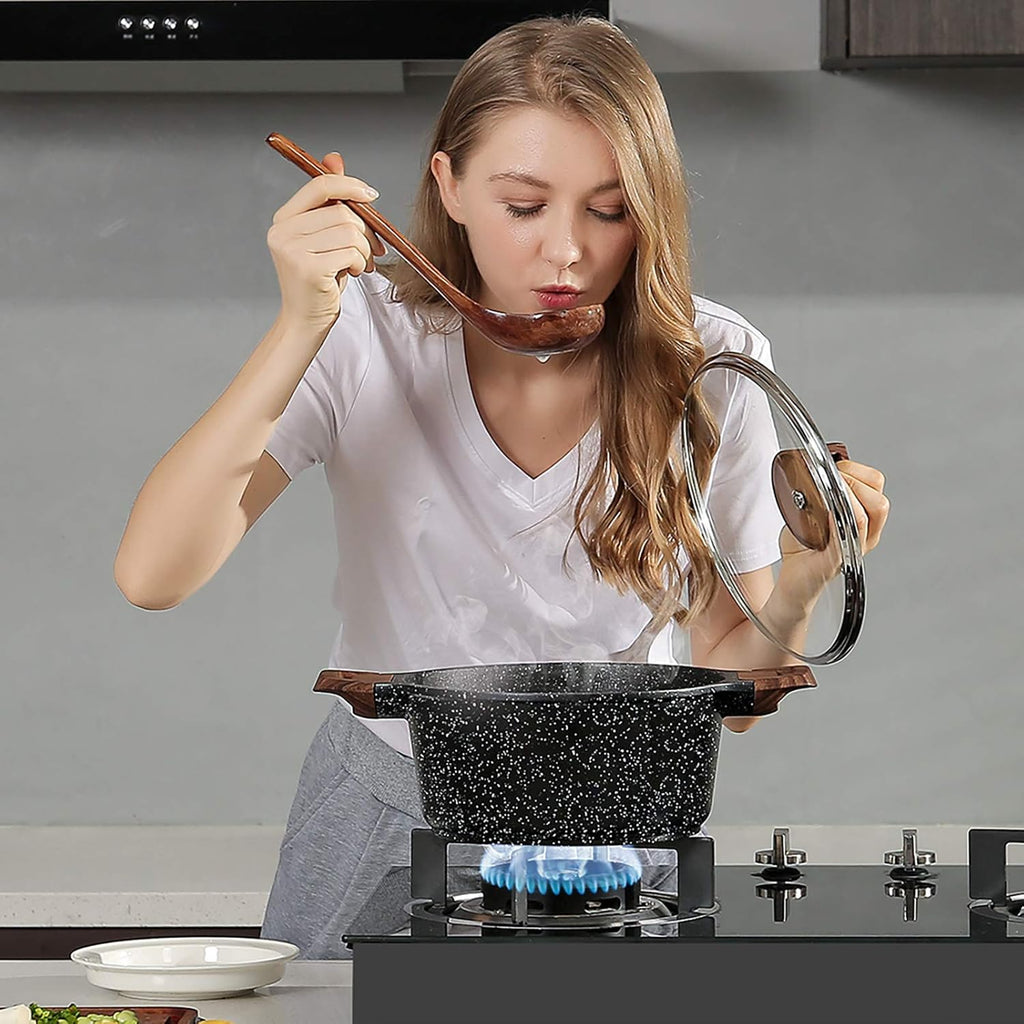 Nonstick Stock Pot with Lid, 5 Quart Granite Casserole Large Soup Pot Pasta Cooking Pot, Induction Compatible, PTFE & PFOA Free, Black