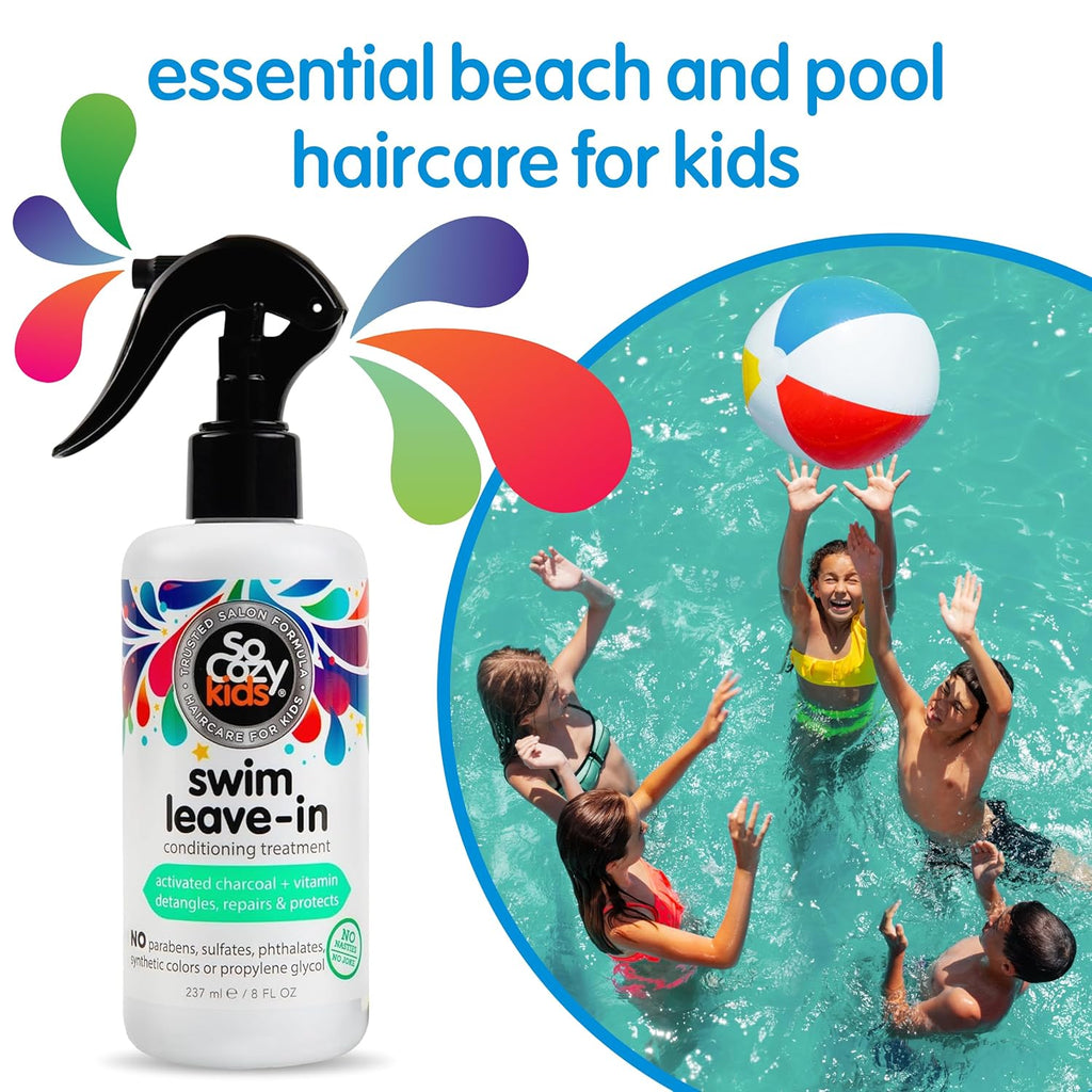 Socozy Swim Leave in Conditioner Spray & Treatment for Kids Hair (8 Fl Oz) Protects & Repairs Pool, Sun & Salt Damaged Hair, Gentle Formula with Activated Charcoal, Vitamin B5 & Sunflower Seed Extract