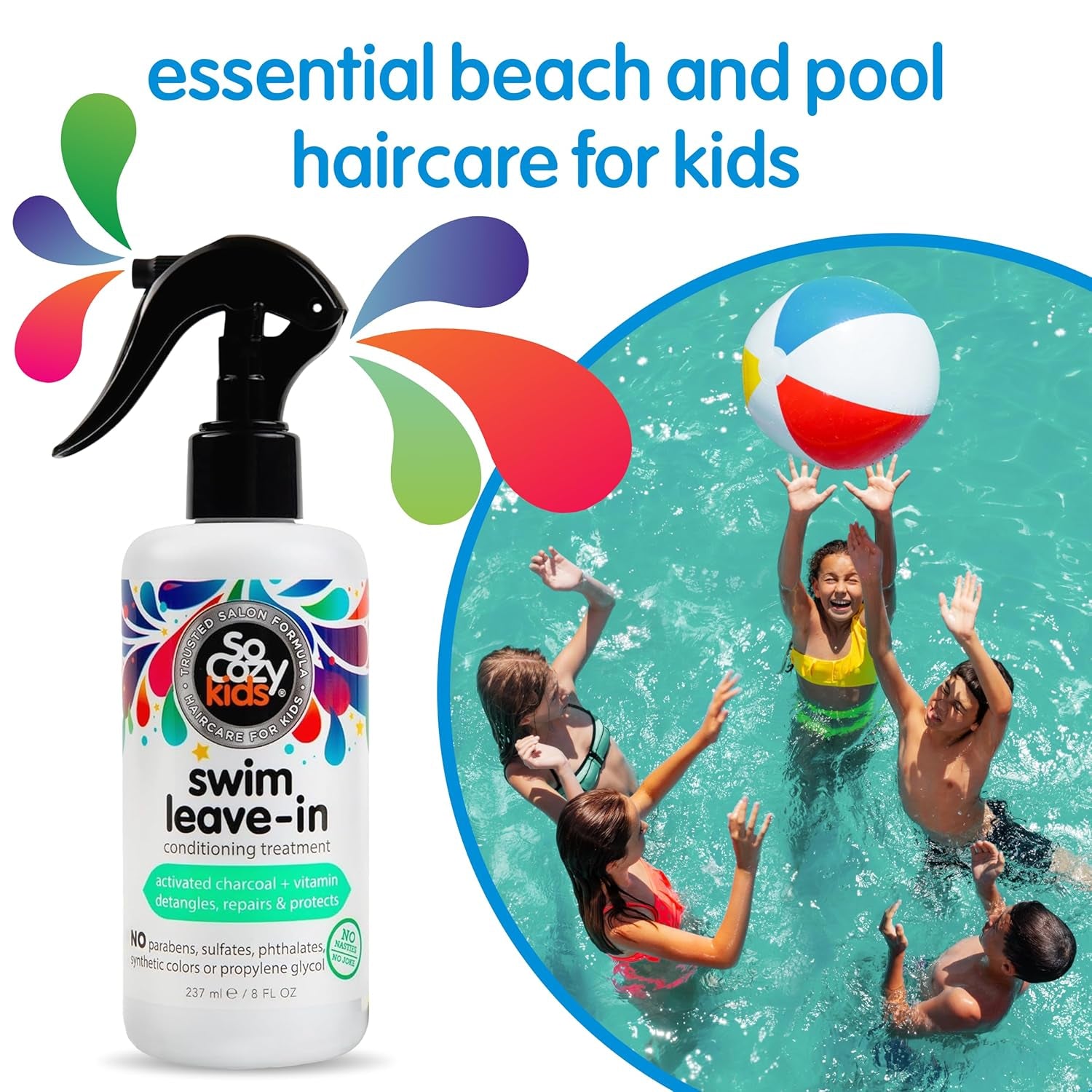 Socozy Swim Leave in Conditioner Spray & Treatment for Kids Hair (8 Fl Oz) Protects & Repairs Pool, Sun & Salt Damaged Hair, Gentle Formula with Activated Charcoal, Vitamin B5 & Sunflower Seed Extract