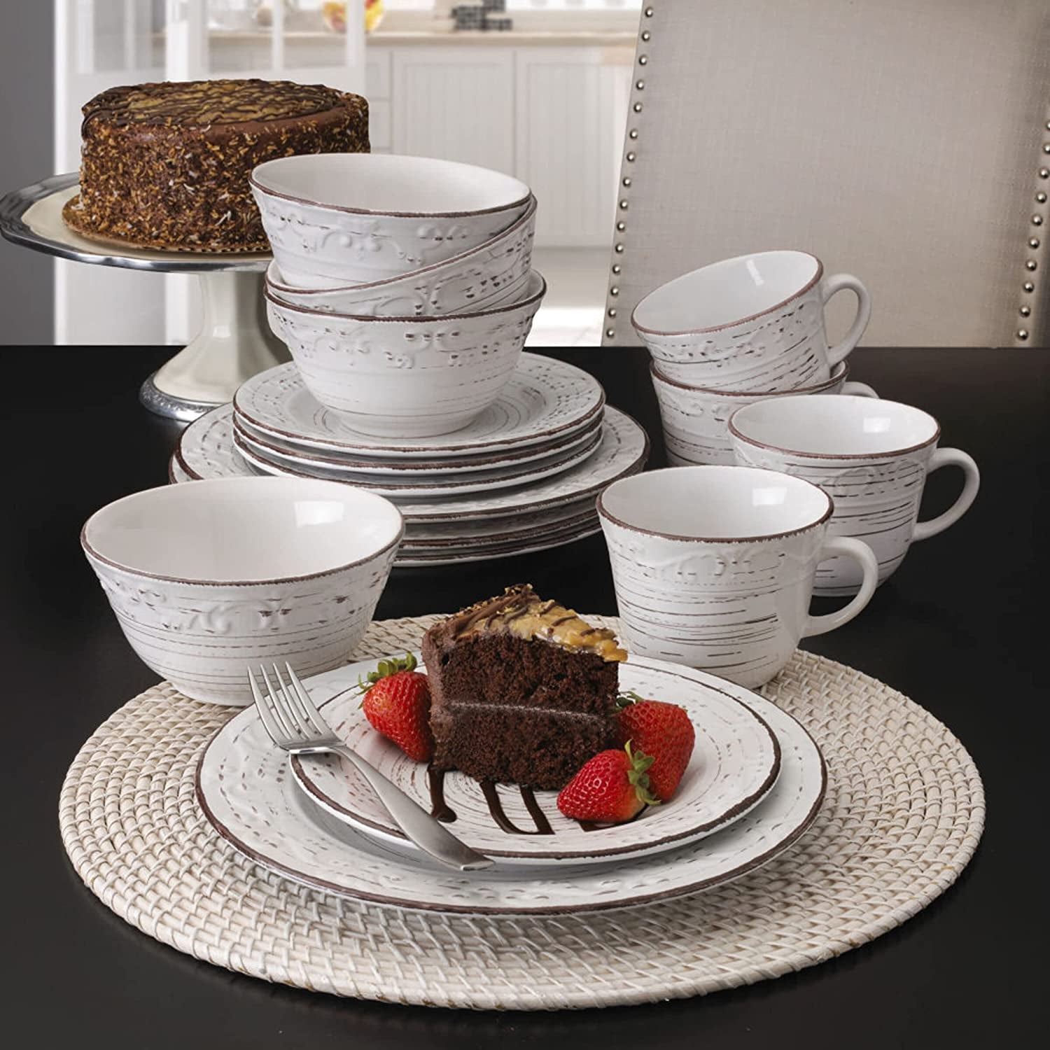 Trellis White 16-Piece Stoneware Dinnerware Set, Service for 4, Distressed White Finish, Microwave & Dishwasher Safe Plates and Bowls