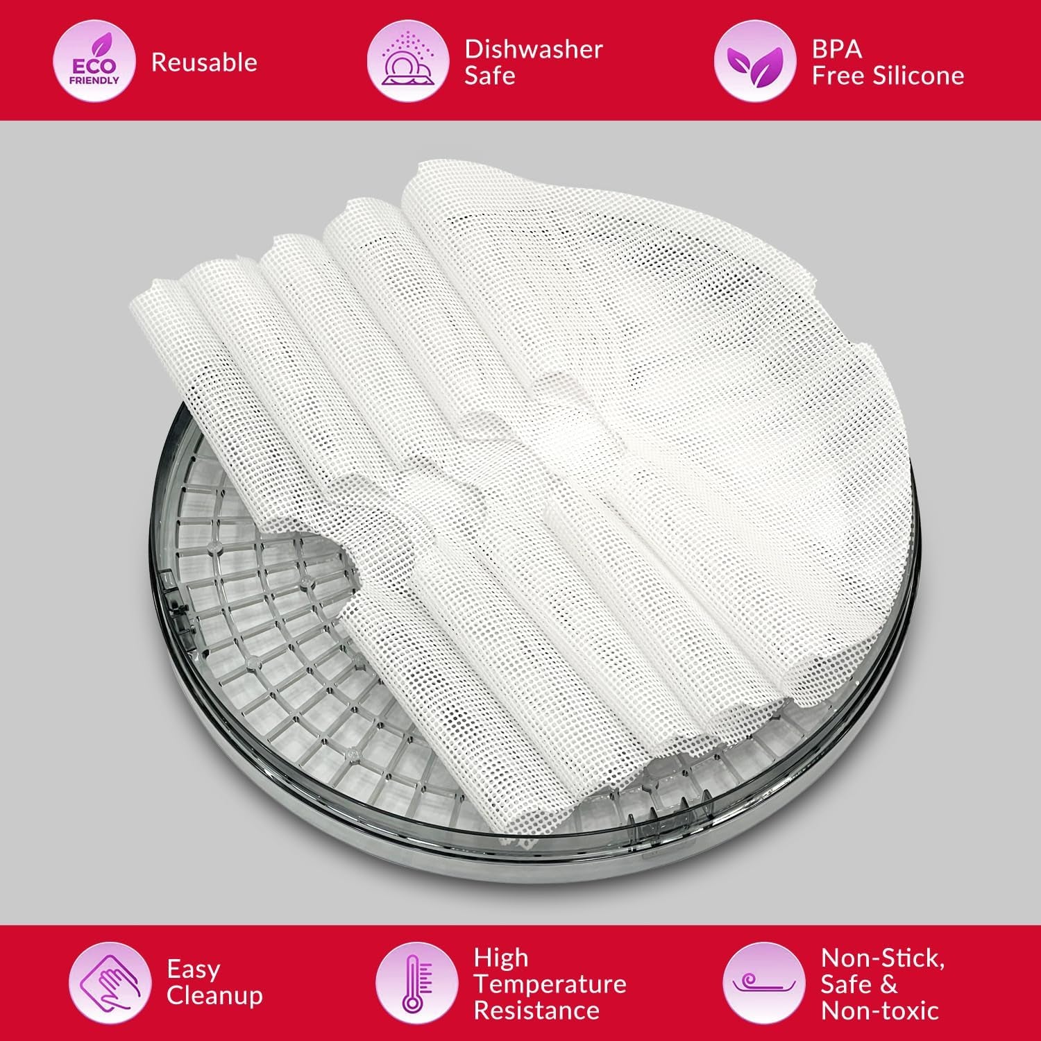 round Silicone Dehydrator Sheets for Elite Gourmet, Non-Stick BPA Free, Pack of 5 (Premium Reusable Food Dehydrator Mesh Mats)