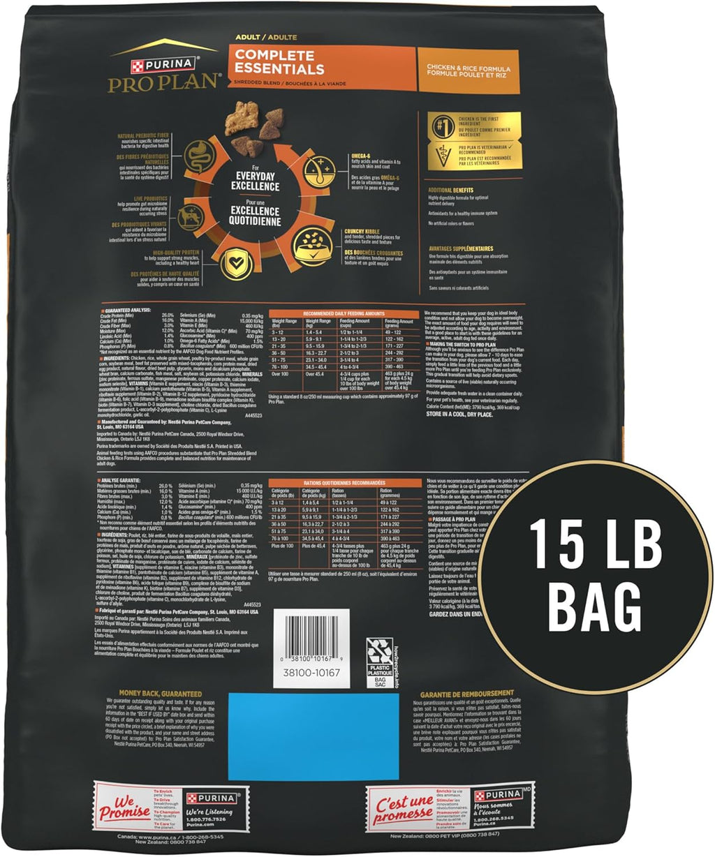 Purina Pro Plan Complete Essentials Shredded Blend Chicken and Rice Dog Food Dry Formula with Probiotics for Dogs - 15 Lb.