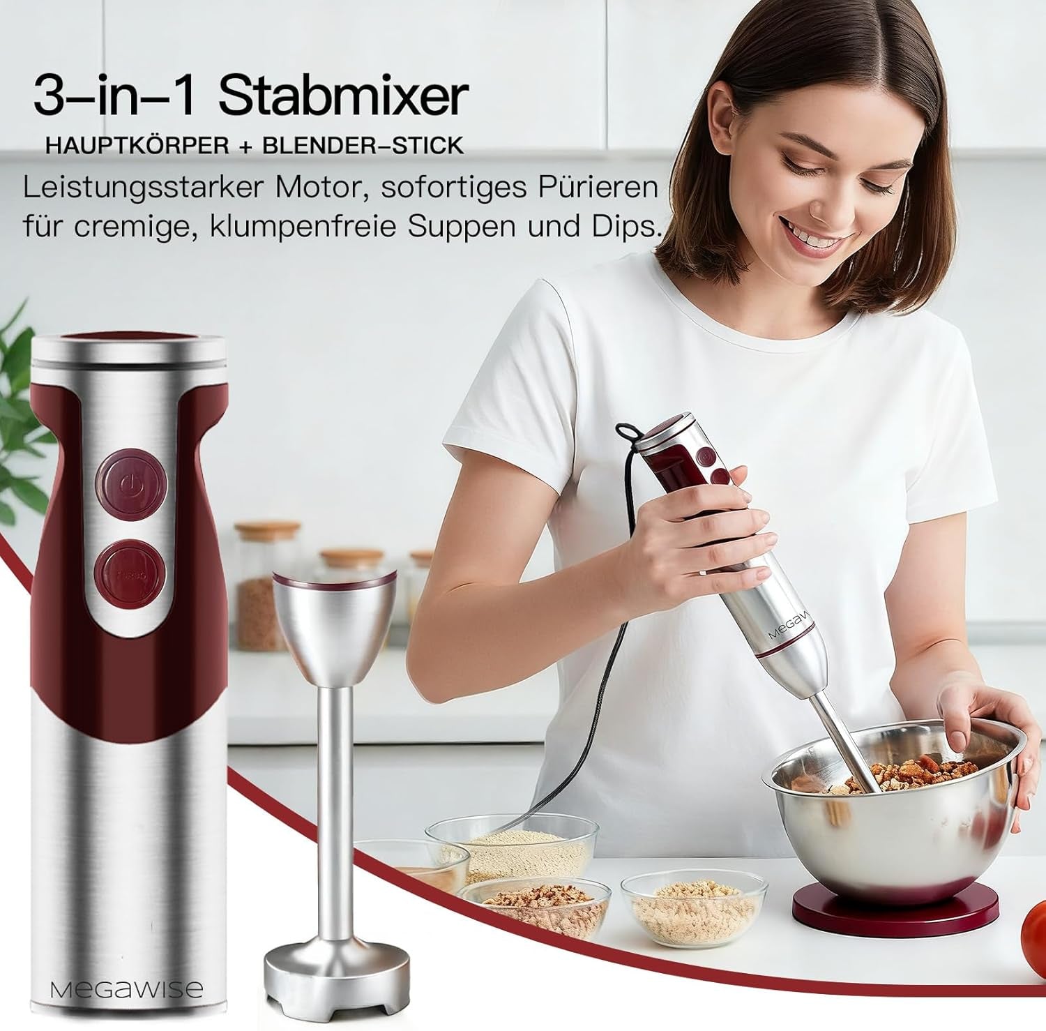 Pro Titanium Reinforced 3-In-1 Immersion Corded Hand Blender, Powerful MOTOR with 80% Sharper Blades, 12-Speed Corded Blender, Includingwhisk and Milk Frother (3-In 1 Red)