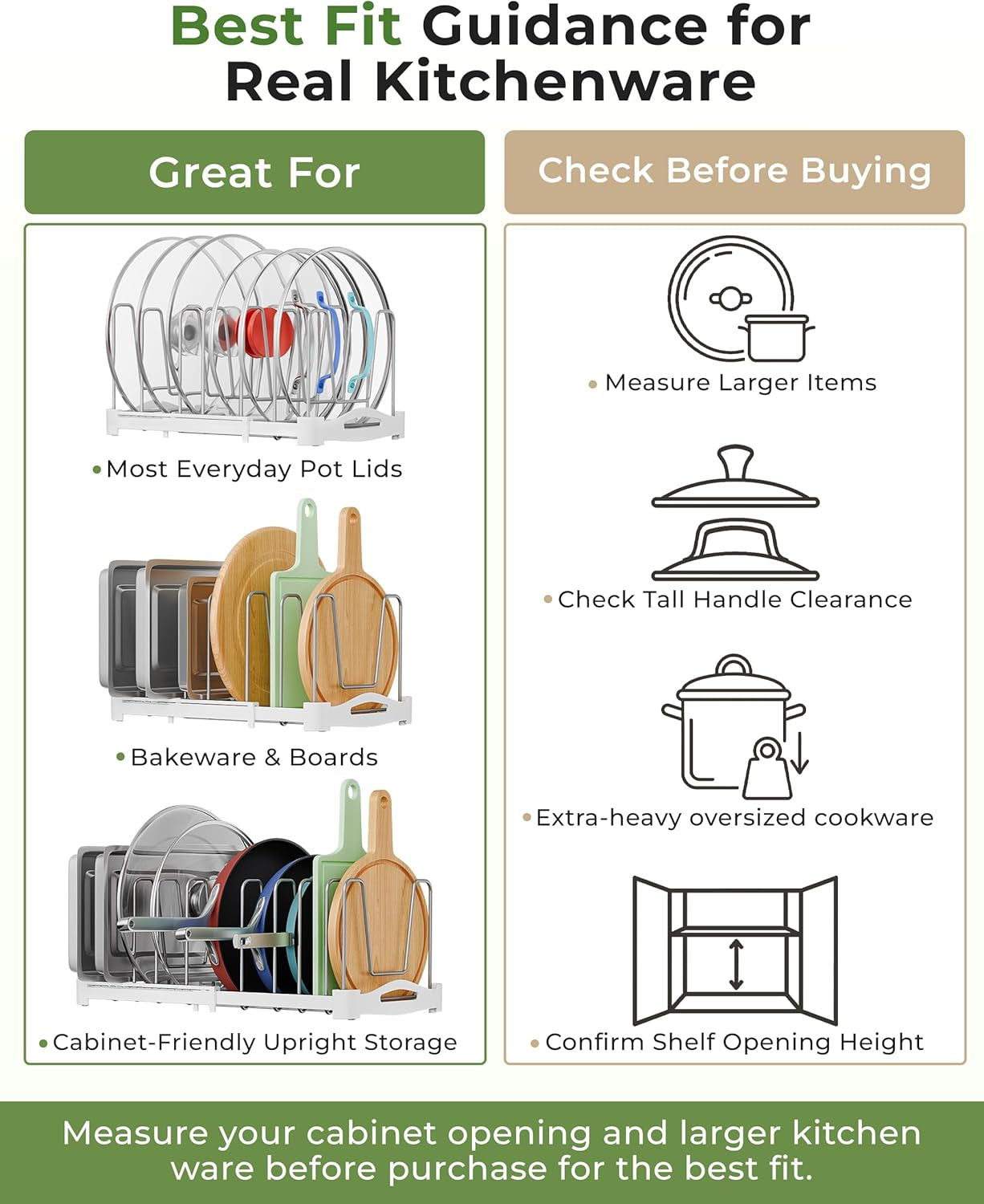 Adjustable Bakeware Organizer Pot Lid Holder Rack for Pots, Cake Molds, Cutting Boards, Mats, Cookware, GS02SS, 7.7'' Deep by 12.6'' to 21.5'' Wide