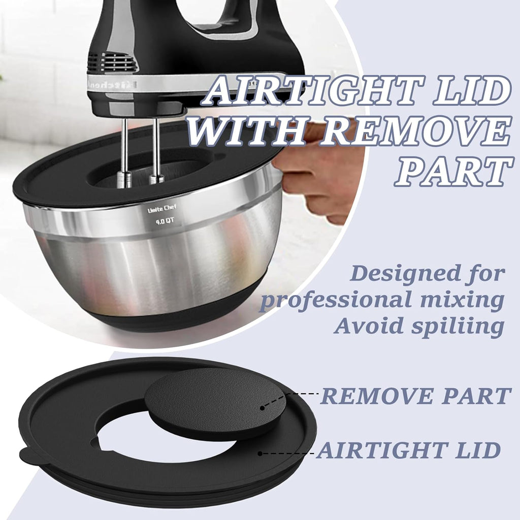 Mixing Bowls with Airtight Lids, 8PCS Stainless Steel Nesting Mixing Bowls Set, 3 Grater Attachments & Non-Slip Bottoms, Black Kitchen Bowls, Size 5, 4, 3.5, 2, 1.5QT for Baking & Serving