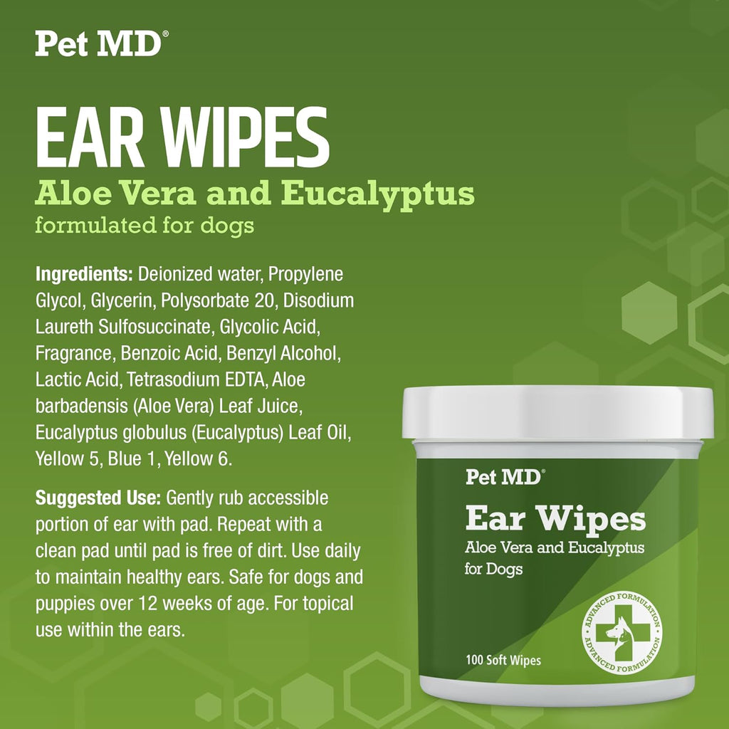 Dog Ear Cleaning Wipes – Otic Cleanser for Dogs, Soothing Ear Care with Aloe Vera & Eucalyptus, Regular Wipes, 100 Count