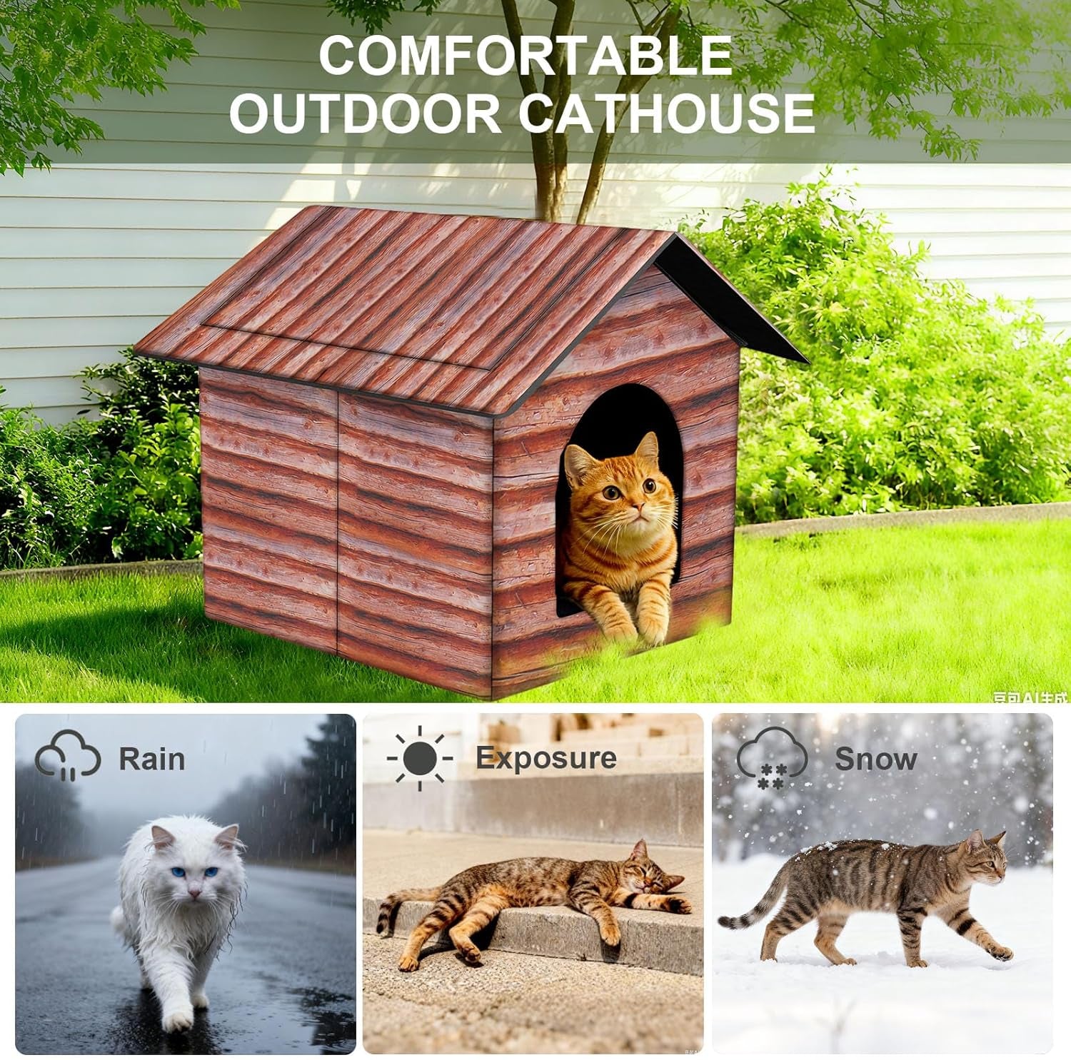 Outdoor Cat House Cat House for Outdoor and Indoor Use - Waterproof Shelter for Cats, Dogs, and Feral Animals (Redwood Color, Large)