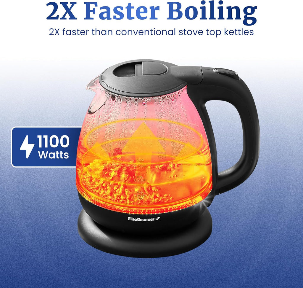 EKT1001 Electric 1.0L Bpa-Free 1100W Glass Kettle Cordless 360° Base, Stylish Blue LED Interior, Handy Auto Shut-Off Function – Quickly Boil Water for Tea & More, Black