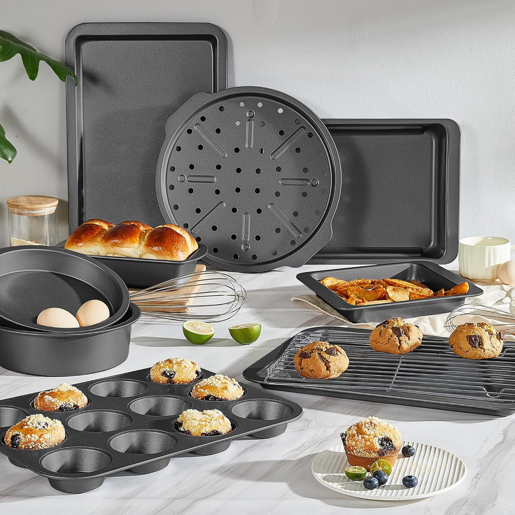 Bakeware Sets, Baking Pans Set, Nonstick Oven Pan for Kitchen with Wider Grips, 10 Pieces Including Rack, Cookie Sheet, Cake Pans, Loaf Pan, Muffin Pan, Pizza Pan - Grey