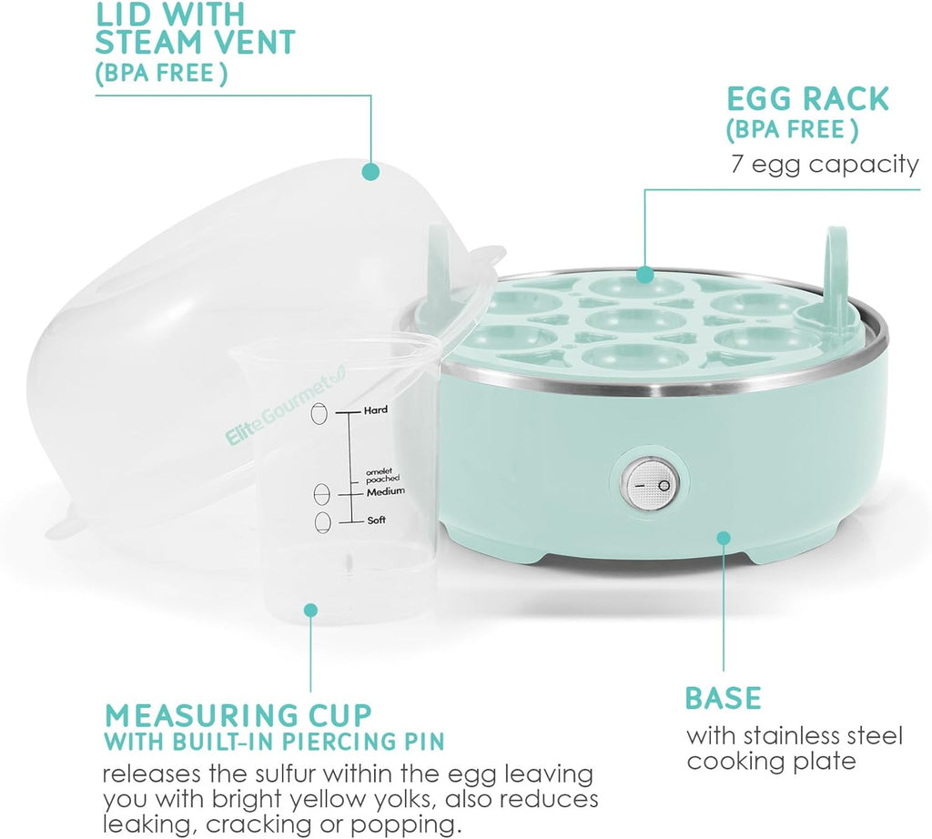 EGC115M Easy Egg Cooker Electric 7-Egg Capacity, Soft, Medium, Hard-Boiled Egg Cooker with Auto Shut-Off, Measuring Cup Included, BPA Free, Retro Mint
