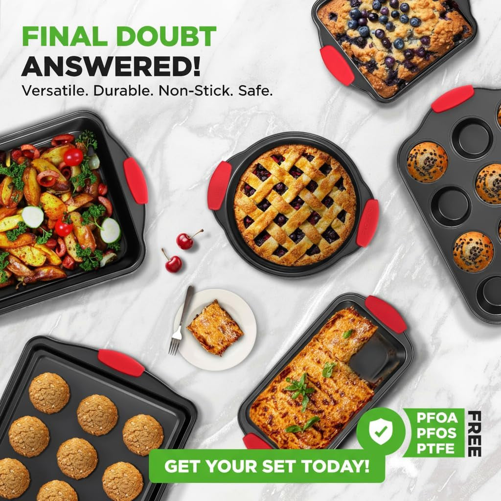 Baking Pans Set - 6 Piece Bakeware with Nonstick Carbon Steel for Easy Release and Cleanup, Durable and Versatile Design, Includes Cookie Sheet, Loaf Pan, Muffin Tin & More