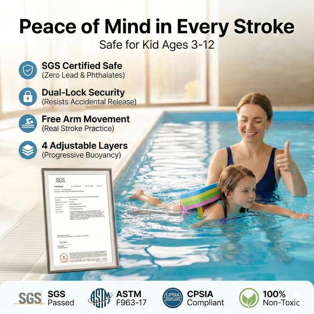 Swim Float Kids Back Belt: Pool Safe Dual-Lock Buckle 140Lbs Pull-Tested - Zero Slip-Off Risk Trainer Bubble - 4-Layer Adjustable Buoyancy for Swimmers 3-12 Yrs