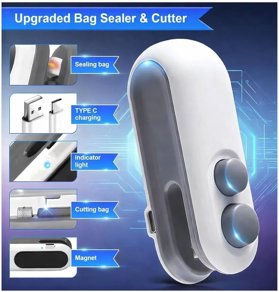 Zelivo Mini Bag Sealer with Cutter & Magnet, Rechargeable USB-C, 2-In-1 Portable Heat Sealer, White, Plastic, 5 Watts, Battery Powered