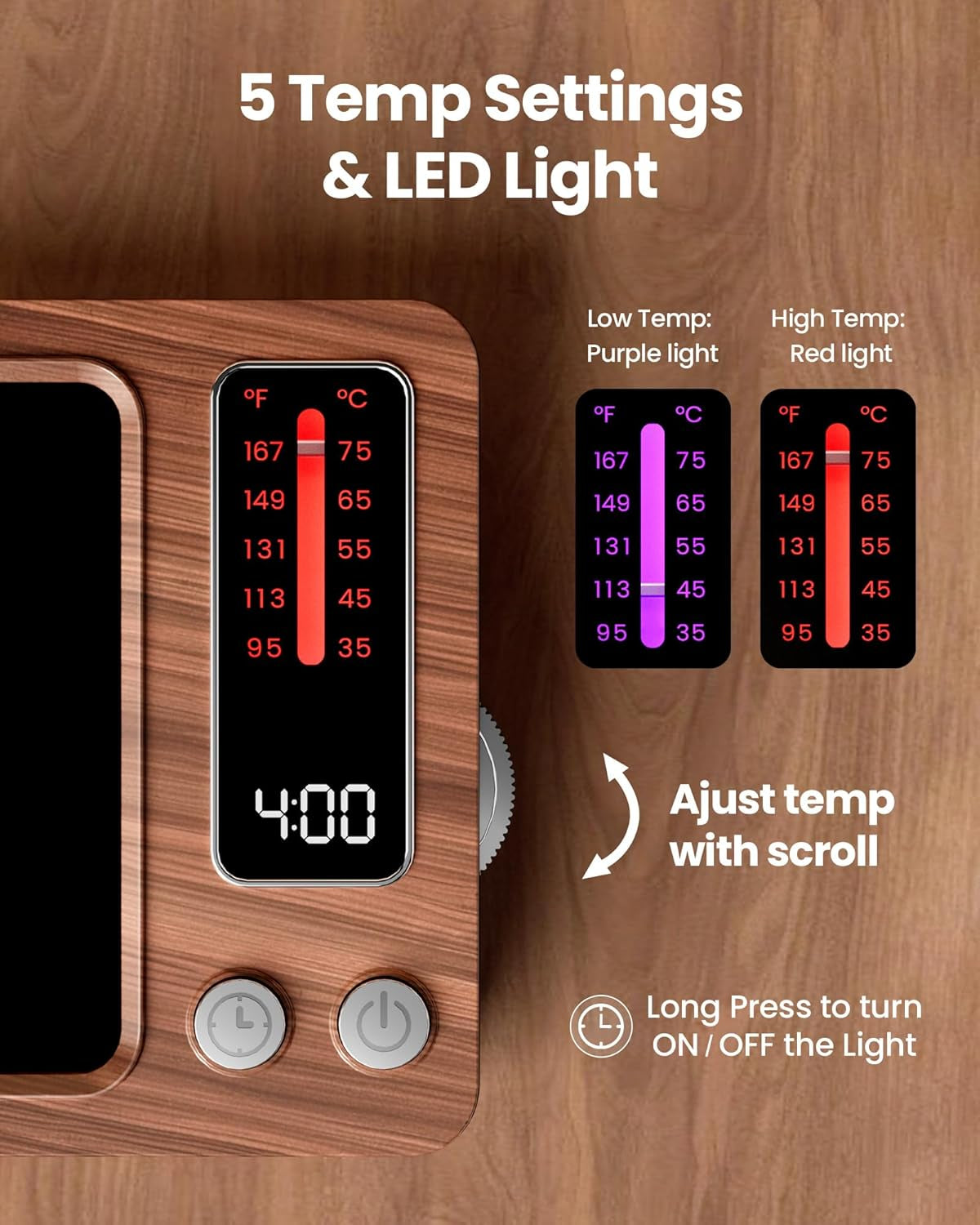 Coffee Mug Warmer, 36W Fast Heating, 5 Temp Settings, 0.5-9H Timer, for Water Milk Tea Cocoa, Smart Candle Warmer, Ideal Gifts for Family, Mom, Fits Most Cups - Wood