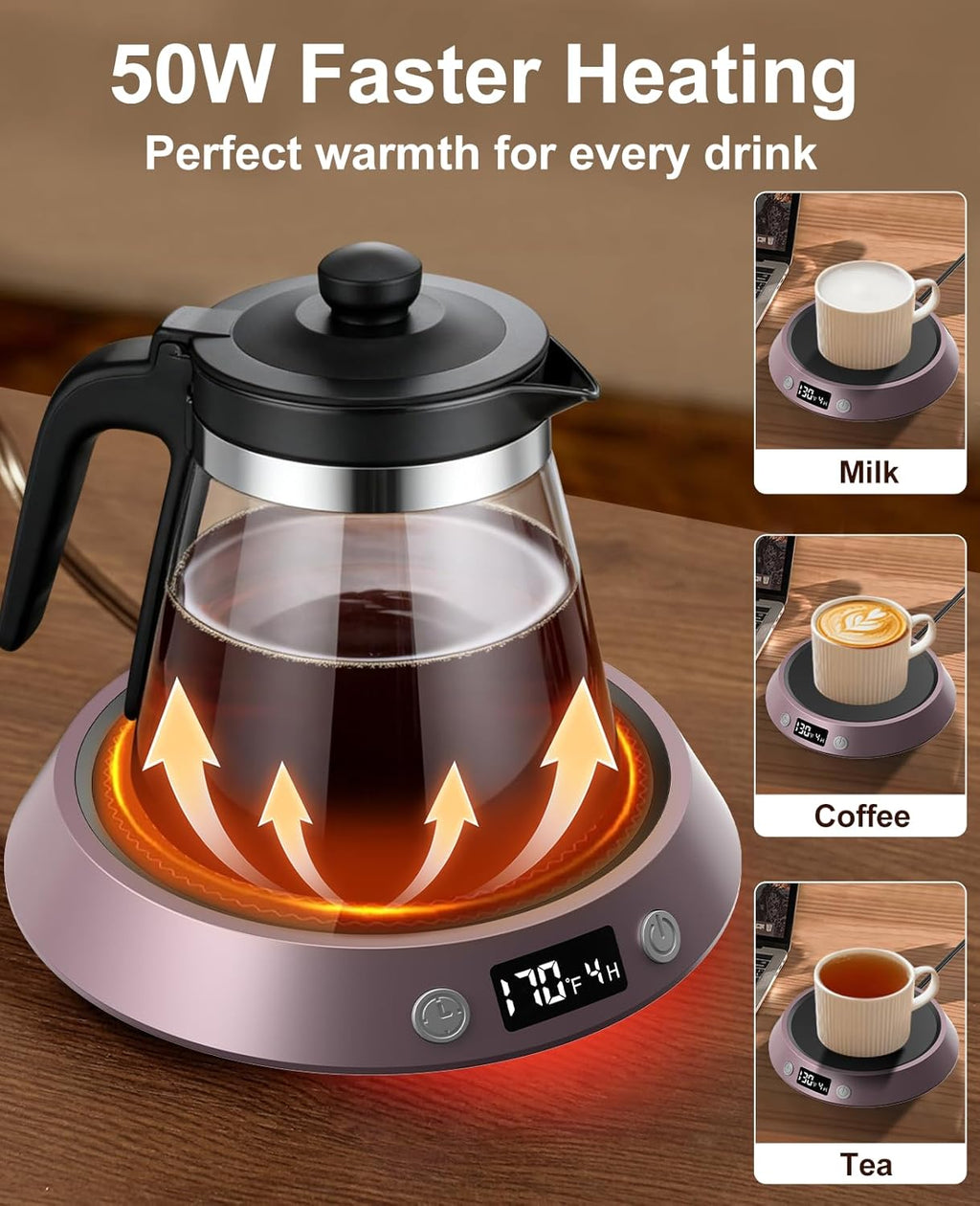 Coffee Mug Warmer - 50W Electric Coffee Warmer for Desk 3 Temp Settings & 2-9 Timer Smart Cup Warmer for Desk Candle Warmer Plate with LED Lights Beverage Tea Milk Warmer for Home & Office