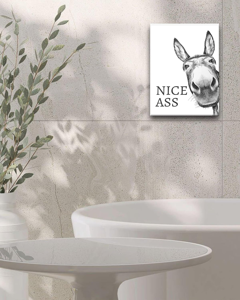 Funny Bathroom Wall Art Decor, Black and White Donkey Wall Art, Waterproof Wood Framed Canvas Wall Art Animals Abstract Prints, 12X16In High-End Pictures for Dormitory Kids Room 1 Pack