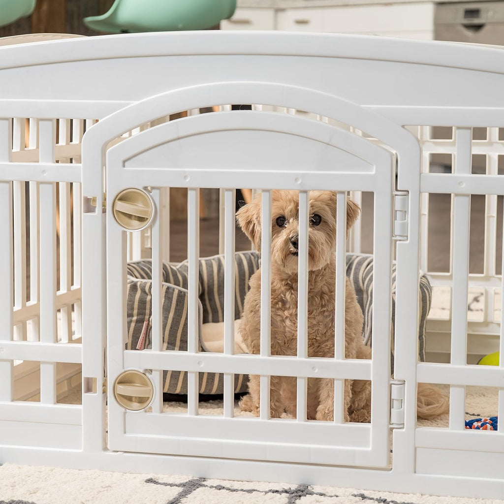 Dog Playpen with Door, 24” 4 Panel Pet Exercise Pen – Indoor Outdoor Puppy Play Pen, Portable Plastic Pet Fence for Small Medium Dogs, Foldable 35” X 35” X 24”, White
