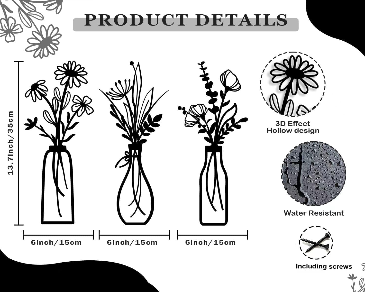 3 Pieces Metal Flowers Wall Arts - Rustic Farmhouse Decor Black Minimalist Flower Wall Decors for Living Room Bathroom Bedroom Dining Room - Housewarming Gifts(Black, Vase-C)