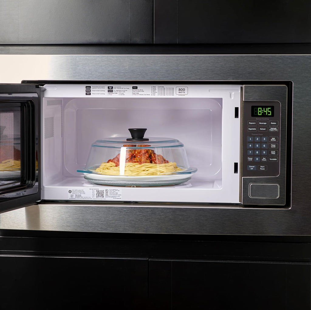 Le’Raze Tall Glass Microwave Splatter Cover for Food - Cookware & Bakeware Serving Dish Cover, Plate Guard Lid with Easy Grip Silicone Handle Knob - 100% Food Grade BPA Free & Dishwasher Safe - 10In