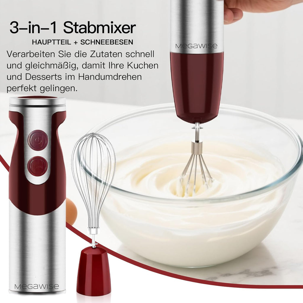 Pro Titanium Reinforced 3-In-1 Immersion Corded Hand Blender, Powerful MOTOR with 80% Sharper Blades, 12-Speed Corded Blender, Includingwhisk and Milk Frother (3-In 1 Red)