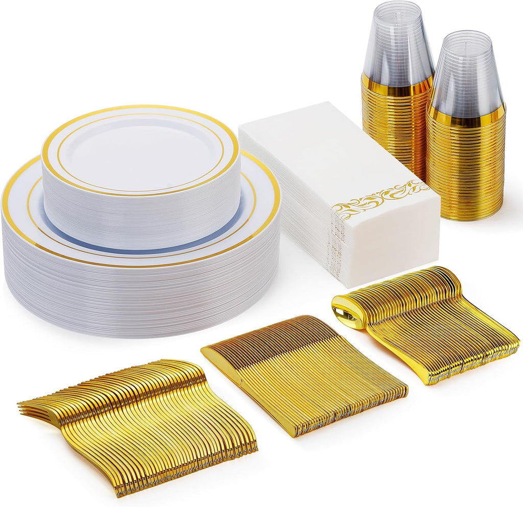 175 Pieces Gold Dinnerware Set for 25 Guests, Plastic Plates Disposable for Party, Include: 25 Dinner Plates, 25 Dessert Plates, 25 Paper Napkins, 25 Cups, 25 Gold Silverware Set