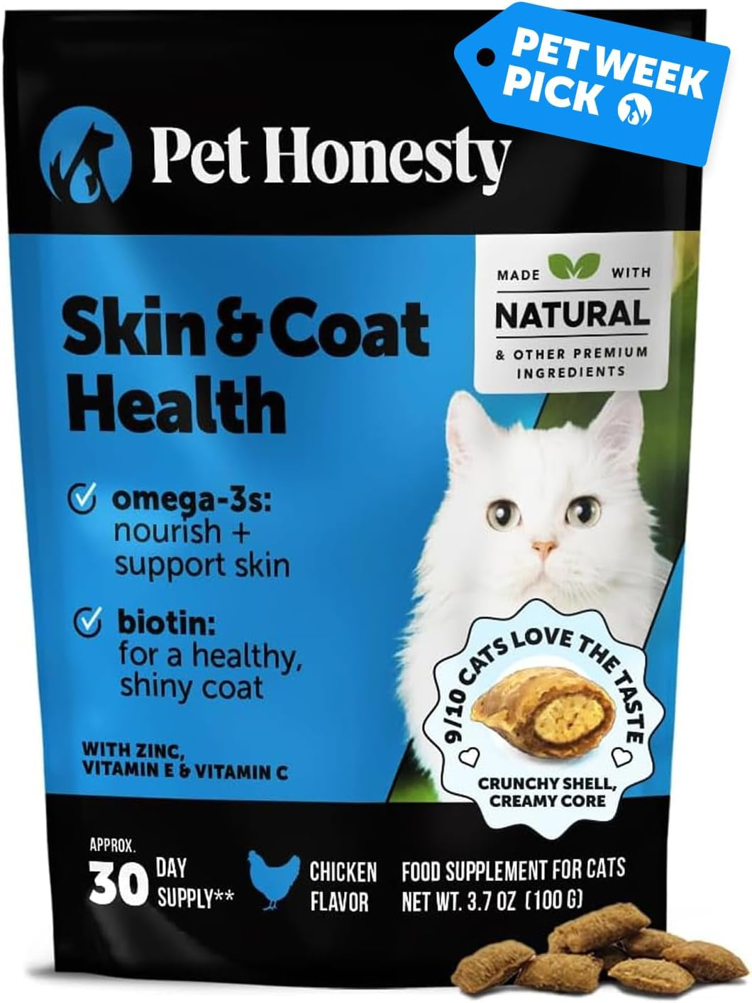 Cat Skin & Coat Health Chews – Crunchy & Creamy Treats with Omegas, Vitamin C & E, Biotin – Soothes Itchy, Dry Skin, Reduces Shedding & Promotes a Shiny Coat – Cat Vitamins (Chicken 30-Day Supply)
