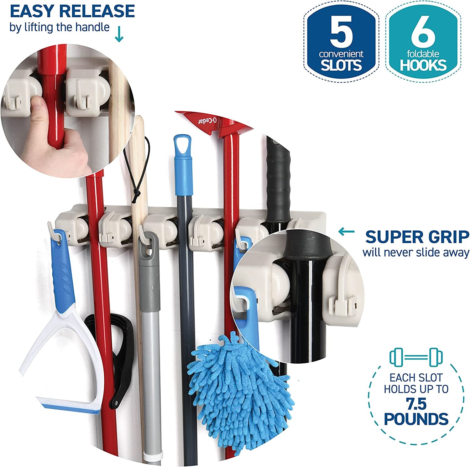 Mop and Broom Holder Wall Mount - Garage Storage Systems with 5 Slots, 6 Hooks, 7.5Lbs Capacity per Slot - Garden Tool Organizer for Home, Kitchen, Closet, Garage, Laundry Room - Off-White