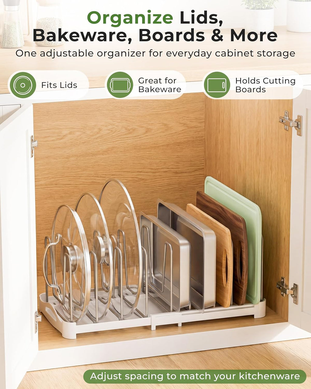 Adjustable Bakeware Organizer Pot Lid Holder Rack for Pots, Cake Molds, Cutting Boards, Mats, Cookware, GS02SS, 7.7'' Deep by 12.6'' to 21.5'' Wide