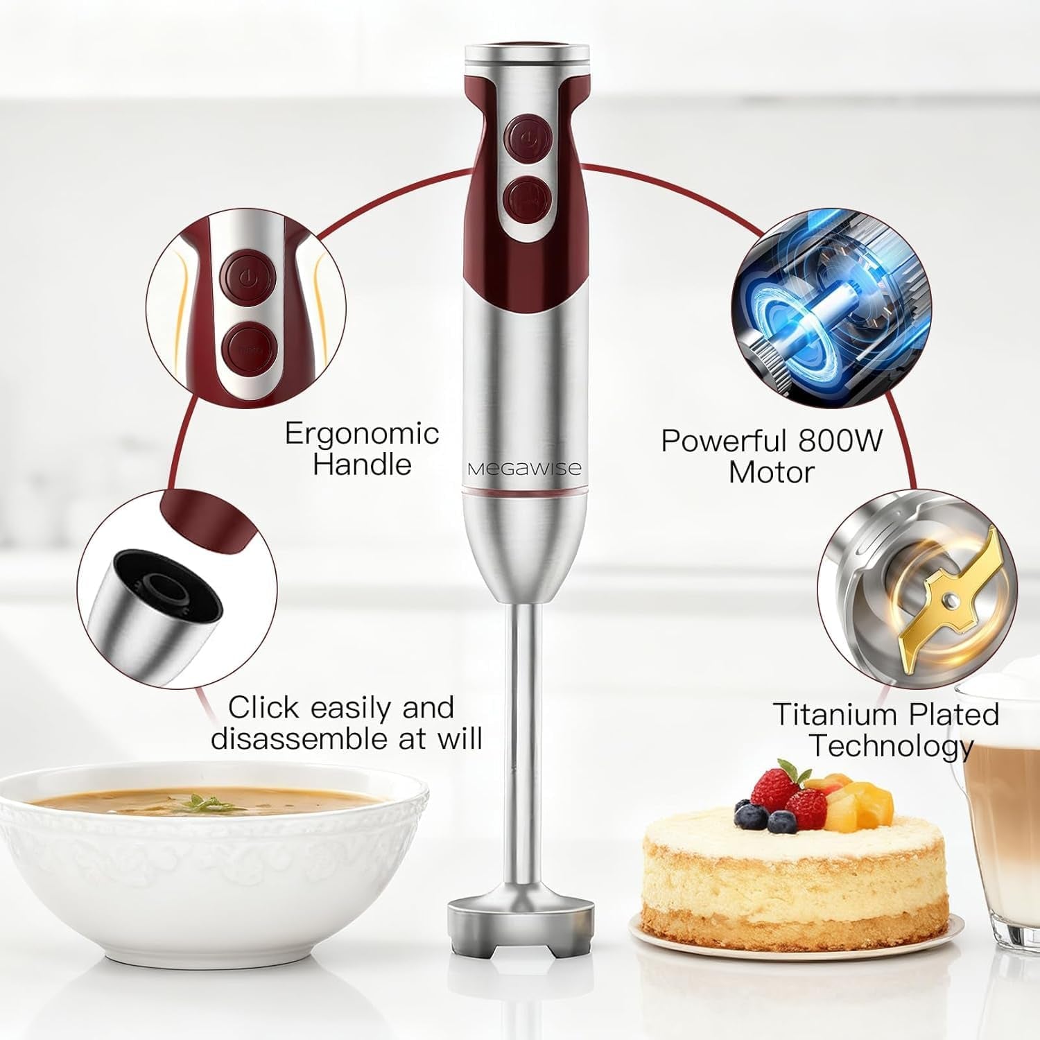 Pro Titanium Reinforced 3-In-1 Immersion Corded Hand Blender, Powerful MOTOR with 80% Sharper Blades, 12-Speed Corded Blender, Includingwhisk and Milk Frother (3-In 1 Red)