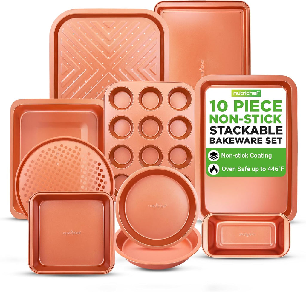 10-Piece Oven Baking Pans Set - Deluxe Carbon Steel Bakeware Set with Non-Stick Gray Coating inside and Out, Dishwasher Safe & PFOA, PFOS, PTFE Free