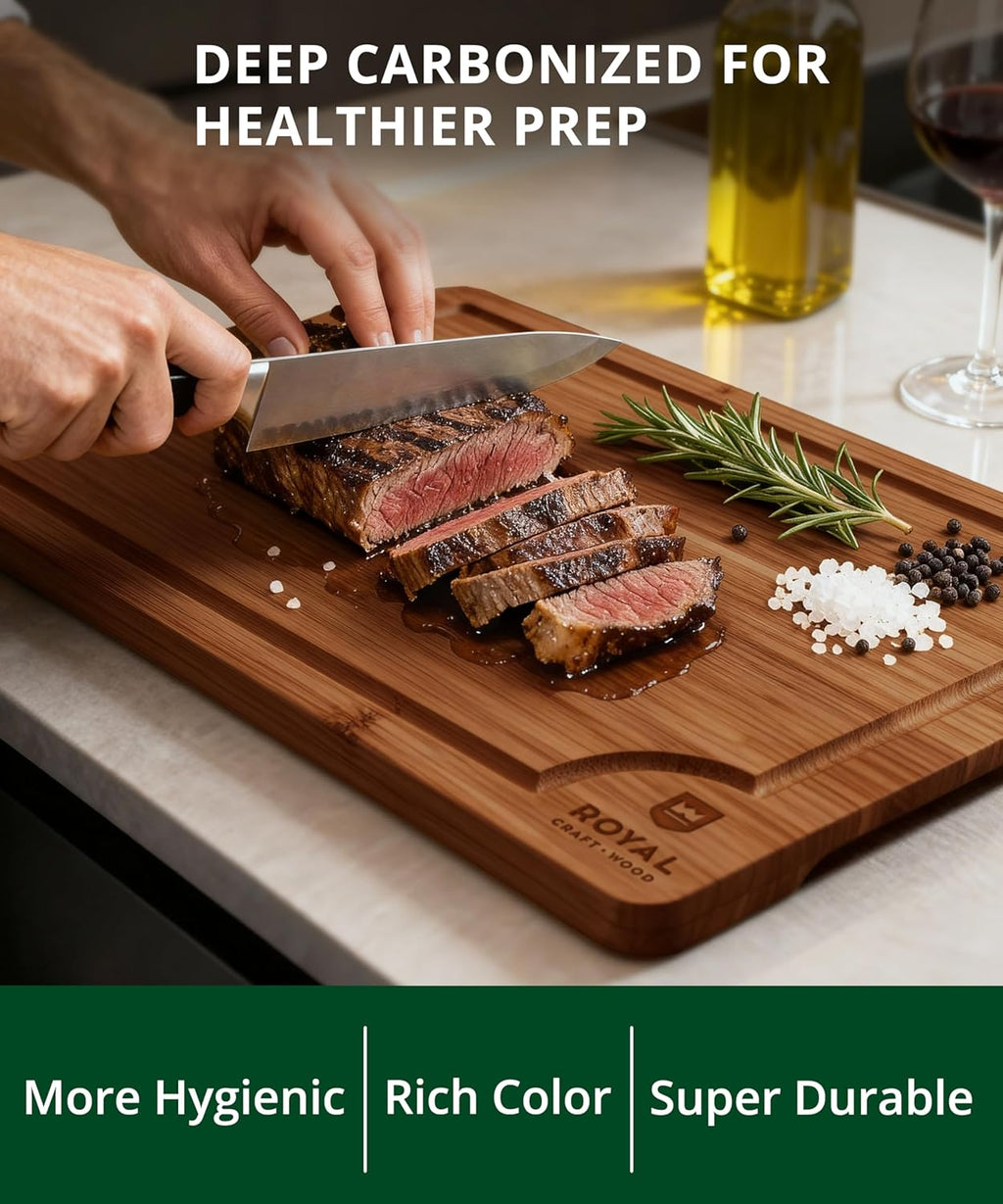 Wooden Cutting Boards for Kitchen Meal Prep & Serving - Non Toxic Bamboo Wood Cutting Board Set with Deep Juice Groove Side Handles - Charcuterie & Chopping Butcher Block for Meat
