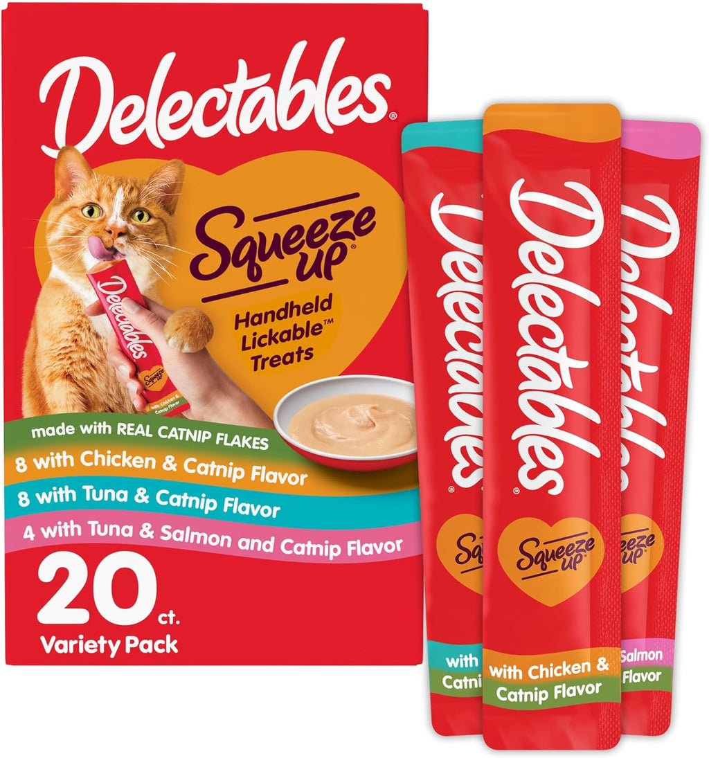 Squeeze up Catnip Variety Pack, Creamy Squeezable Puree, Lickable Wet Cat Treats, Grain Free, No Added Fillers, No By-Products, No Added Preservatives, 0.5 Ounces Tube, 20 Tubes Total