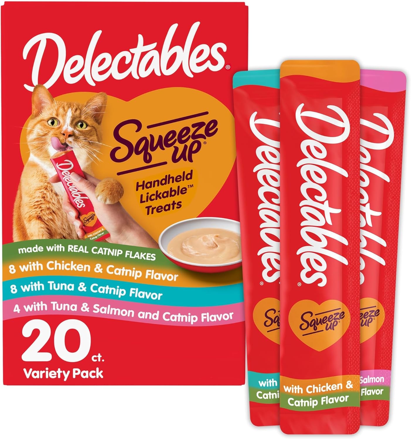 Squeeze up Catnip Variety Pack, Creamy Squeezable Puree, Lickable Wet Cat Treats, Grain Free, No Added Fillers, No By-Products, No Added Preservatives, 0.5 Ounces Tube, 20 Tubes Total