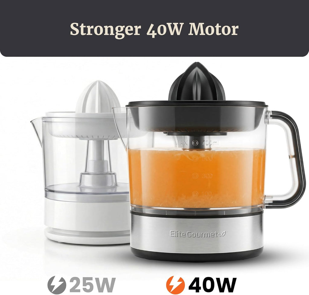 ETS623 Bpa-Free 40-Watt Electric Citrus Juicer, Compact, Large Volume, Pulp Control, Oranges, Lemons, Limes, Grapefruits with Easy Pour Spout, 24Oz, Black/Stainless Steel