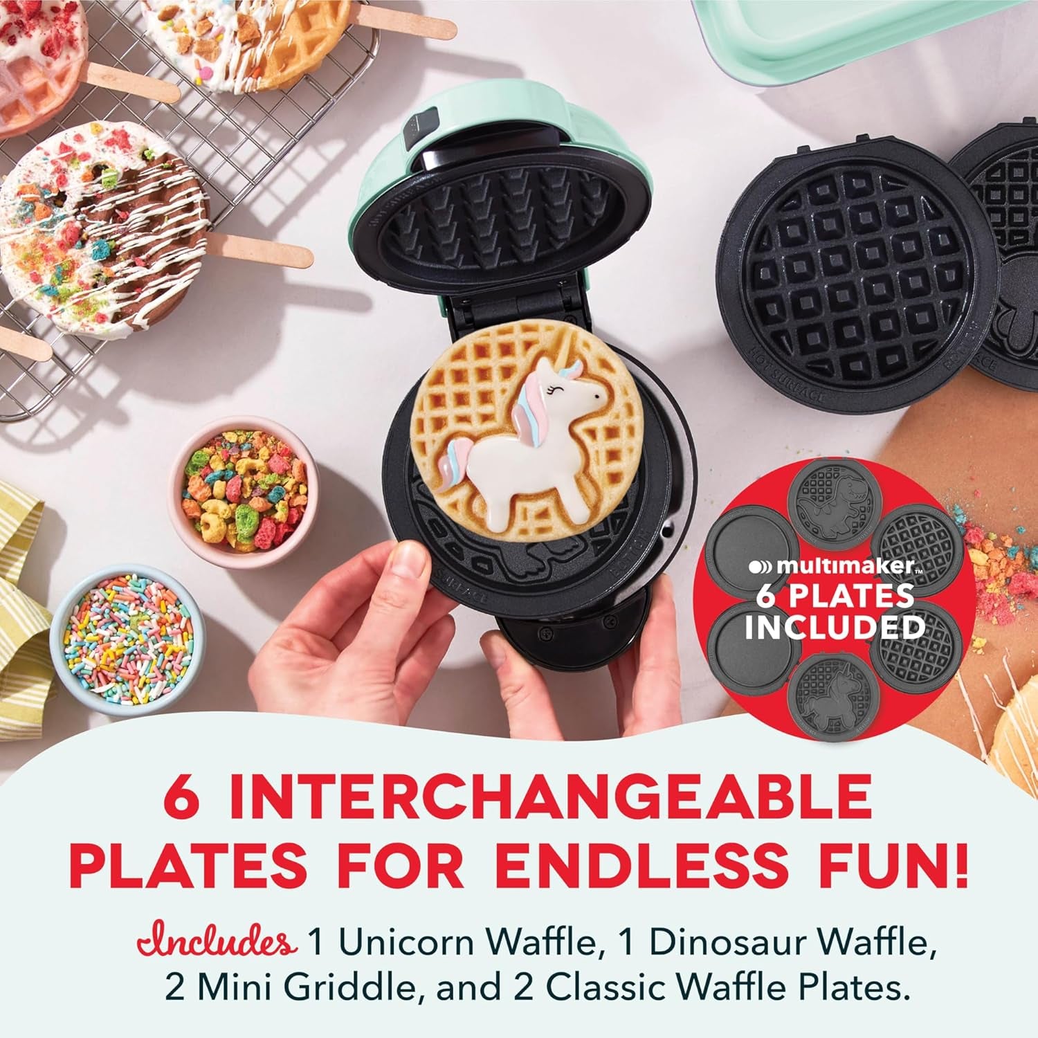 Multimaker® Mini System - Compact Waffle Maker for Family Breakfasts - Removable Griddle Plates & Nonstick Surface - 6 Plates - Aqua