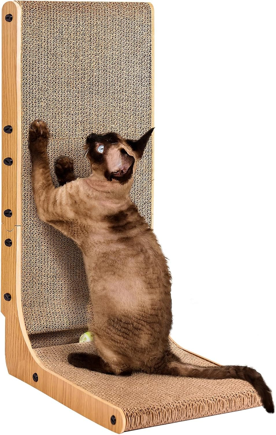 Cardboard Cat Scratcher for Indoor Cats, 26.8 Inch L Shaped Vertical Cat Scratching Board with Ball Cat Toy, Large Cat Scratcher Pad, Brown