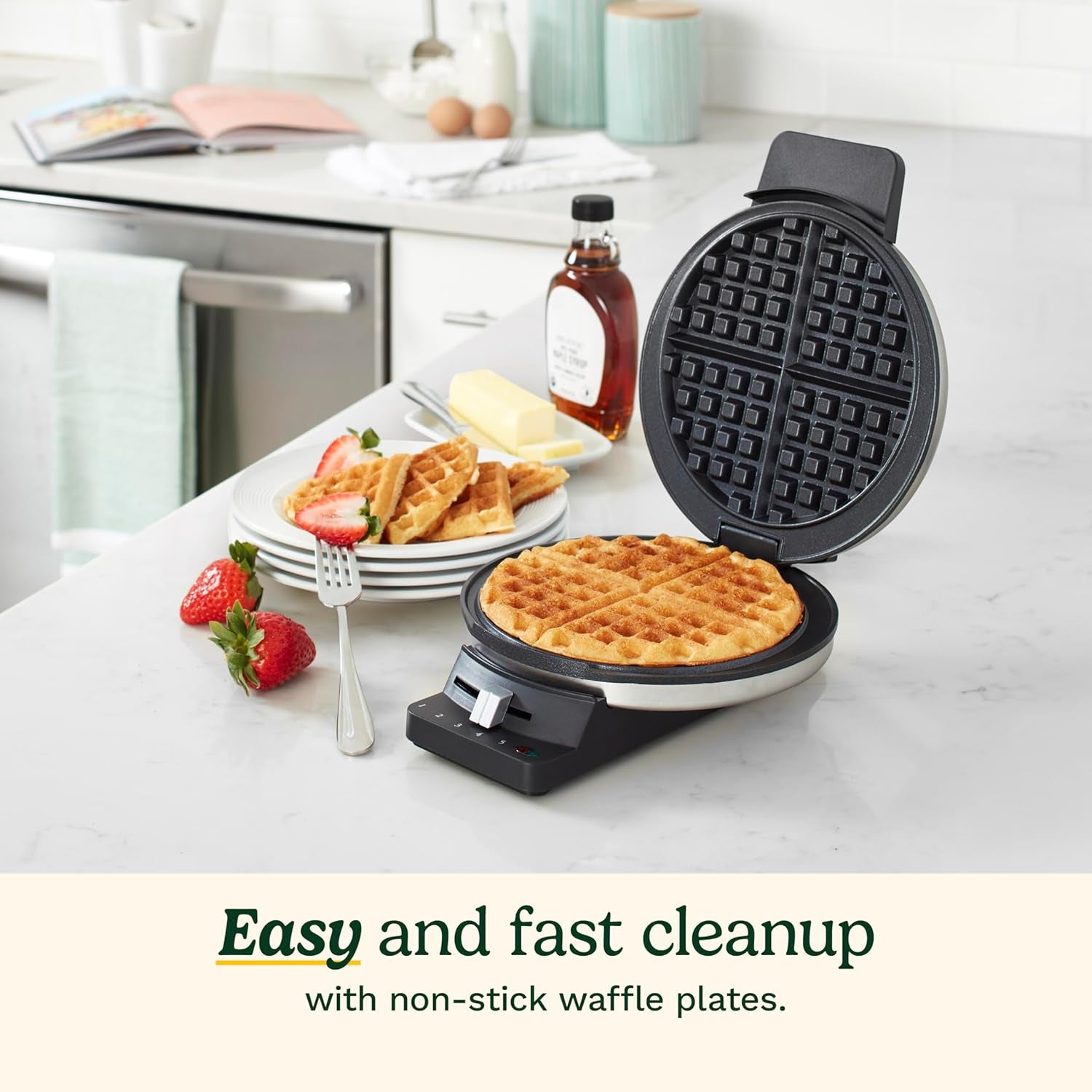 Waffle Maker, 1250W round Classic Waffle Iron, 5-Setting Adjustable Browning Control, WMR-CANAS, Brushed Stainless