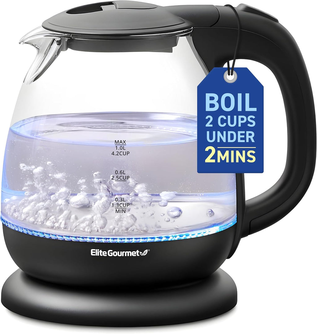 EKT1001 Electric 1.0L Bpa-Free 1100W Glass Kettle Cordless 360° Base, Stylish Blue LED Interior, Handy Auto Shut-Off Function – Quickly Boil Water for Tea & More, Black